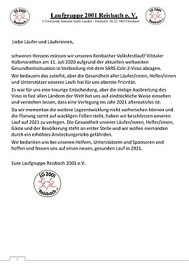 Banner ABGESAGT! 18. Reisbacher Volksfestlauf / 9. Vilstaler Halbmarathon